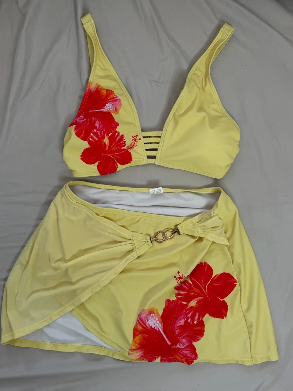 Yellow Floral Bikini Top and Skirt Set with Red Hibiscus Print